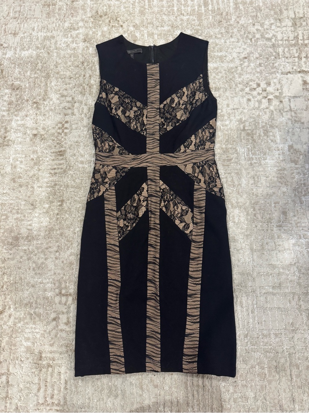 BCBGMaxAzria Black and Taupe Lace-Panel Bodycon Mini Dress